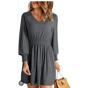 Dokotoo Womens XL Grey Casual Dresses Smocked Crewneck Long Sleeve Empire New